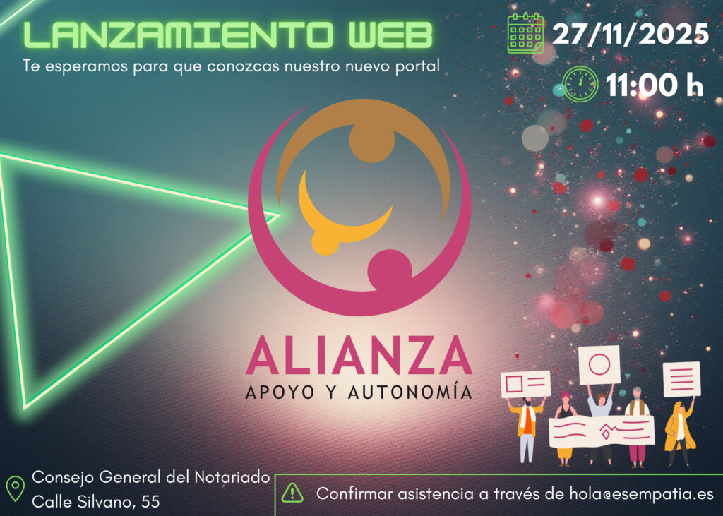 Colorido folleto para un evento de lanzamiento de la web con el logotipo de "Alianza Apoyo y Autonomía", detalles del evento (27/11/2025 a las 11:00 a.m.) e iconos para confirmar la asistencia por correo electrónico y la ubicación en Calle Silvano, 55.