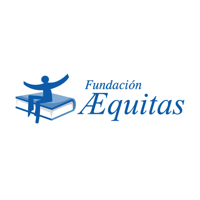 Logotipo de la Fundación Æquitas con una figura azul estilizada sentada sobre un gran libro, con el nombre de la organización en texto azul a la derecha. El diseño transmite educación e igualdad.