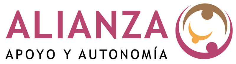 Logotipo con la palabra "ALIANZA" en grandes letras rosas, "APOYO Y AUTONOMÍA" en negro debajo, y un icono abstracto circular que muestra tres figuras interconectadas a la derecha.
