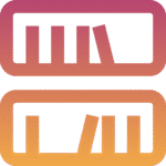 Dos rectángulos redondeados, cada uno de ellos con cuatro barras verticales de distintas alturas dispuestas de forma que parezcan libros en una estantería. El rectángulo superior tiene un degradado de rosa a naranja, mientras que el inferior tiene un degradado de naranja a amarillo.