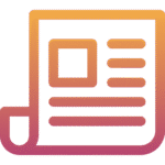 Icono de un periódico con un marcador de posición de imagen cuadrada y varias líneas horizontales que representan texto. El icono tiene un esquema de color degradado, que va del naranja al rosa.