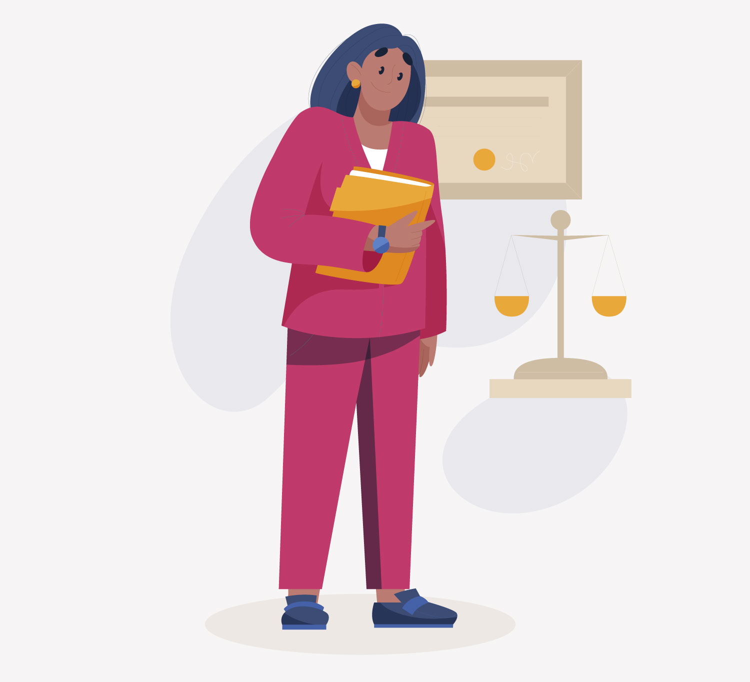 Ilustración de una mujer morena con traje rojo, sosteniendo carpetas amarillas. Detrás de ella hay un diploma en la pared y una balanza equilibrada que simboliza la ley o la justicia.