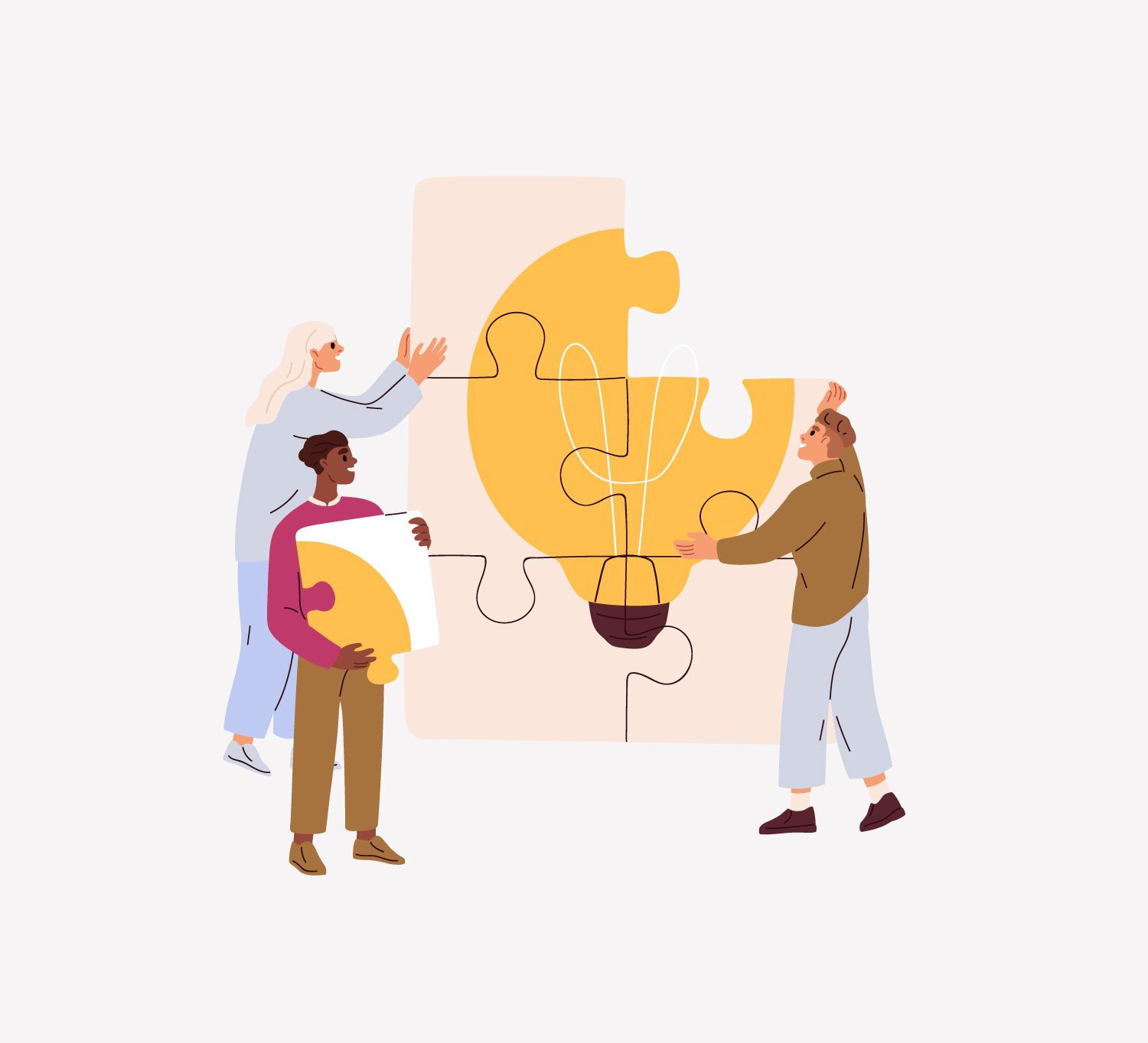 Tres personas ensamblan grandes piezas de puzzle para formar una bombilla amarilla, símbolo del trabajo en equipo y la colaboración en la generación de ideas, sobre un fondo claro.