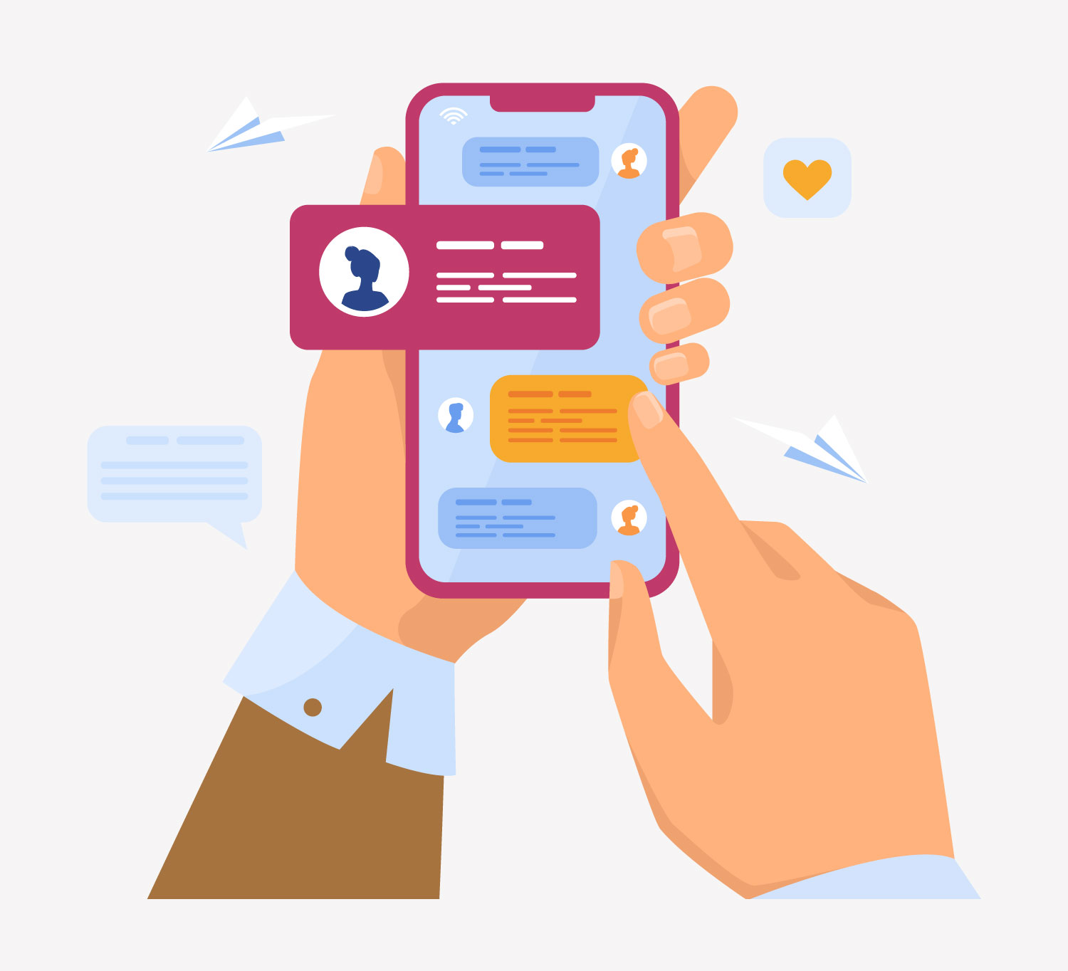 Ilustración de dos manos sosteniendo un smartphone con una aplicación de mensajería abierta. Una mano pulsa la pantalla, mientras alrededor del teléfono aparecen burbujas de chat e iconos, como un corazón y aviones de papel. Contacto