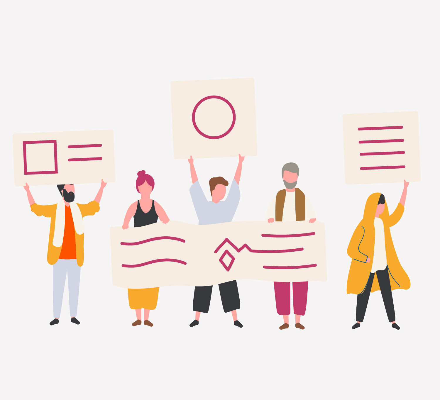 Cinco personas diversas de pie y sosteniendo varias pancartas de protesta con formas y líneas geométricas sencillas, ilustradas con un estilo plano y minimalista sobre fondo blanco. Alianza Apoyo y Autonomía