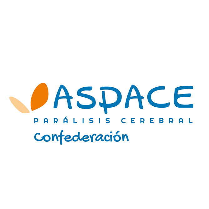 Logotipo de ASPACE Confederación, con formas abstractas de color naranja y beige a la izquierda, texto azul "ASPACE PARÁLISIS CEREBRAL" en el centro y "Confederación" escrito a mano debajo.