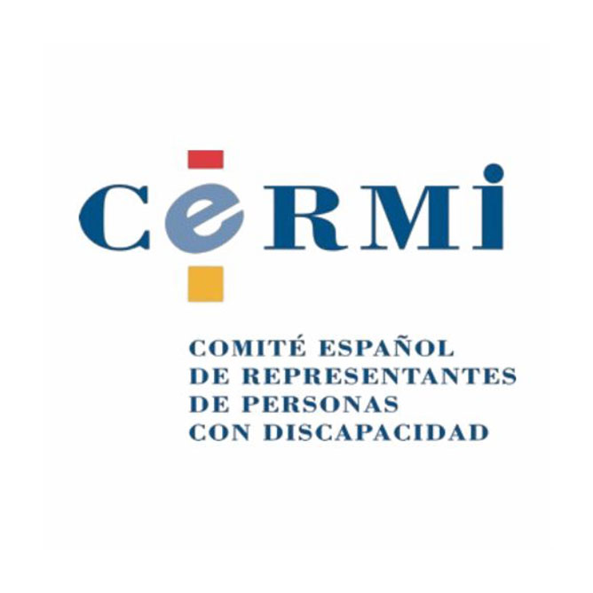 Logotipo del CERMI, con letras azules y formas geométricas de colores. Debajo, el texto reza: "COMITÉ ESPAÑOL DE REPRESENTANTES DE PERSONAS CON DISCAPACIDAD" en letras mayúsculas azules sobre fondo blanco.