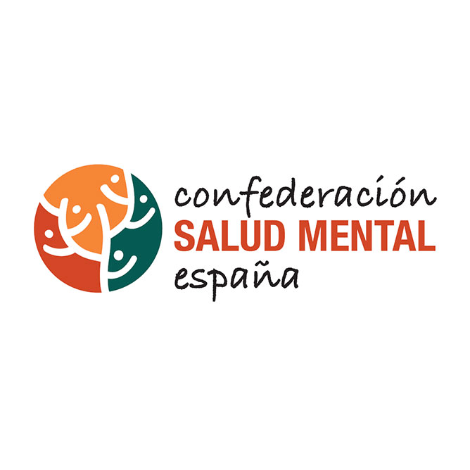 Logotipo de la Confederación Salud Mental España, con un diseño circular abstracto con figuras humanas y ramas en naranja y verde, y el nombre de la organización en texto negro y naranja sobre fondo blanco.