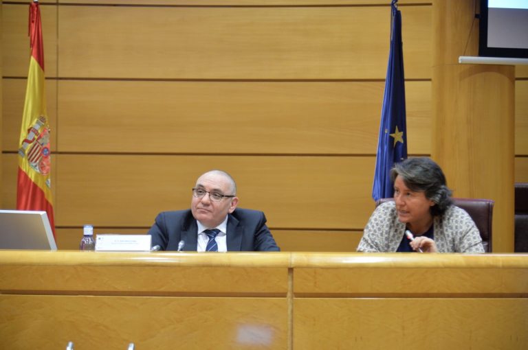 Dos personas sentadas ante una mesa de conferencias de madera con micrófonos delante. Detrás, las banderas de España y de la Unión Europea. Parecen estar participando en una reunión o debate formal.