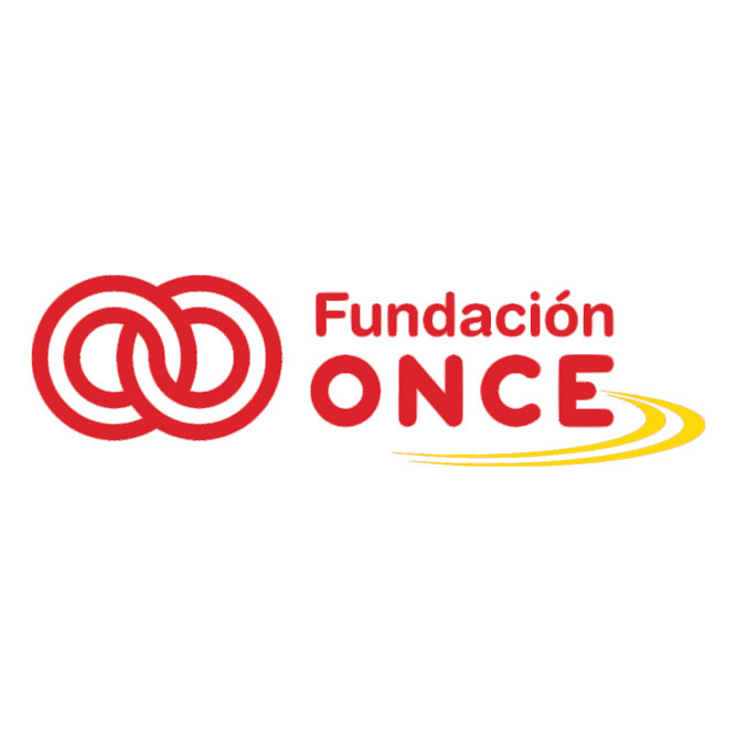 Logotipo de la Fundación ONCE con dos anillos rojos entrelazados a la izquierda, con las palabras "Fundación ONCE" en texto rojo y un swoosh amarillo debajo de la palabra "ONCE", todo sobre fondo blanco.