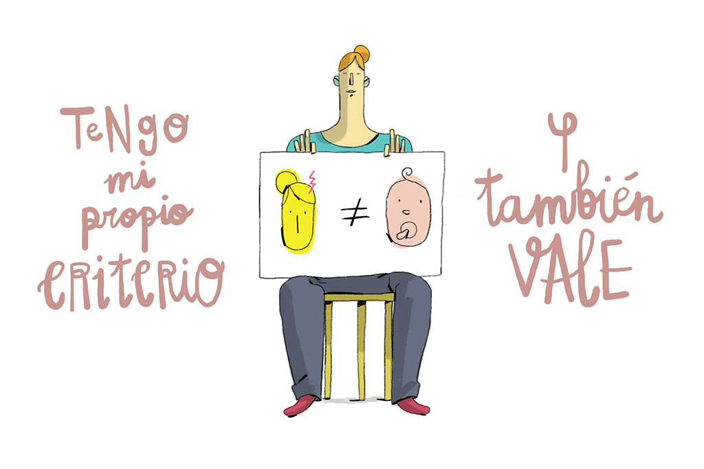 Una persona sentada en una silla sostiene un cartel con un chupete y la cara de un bebé separados por el símbolo "no igual". El texto en español dice: "Tengo mi propio criterio y también vale. Aplicación práctica de la Ley 8/2021